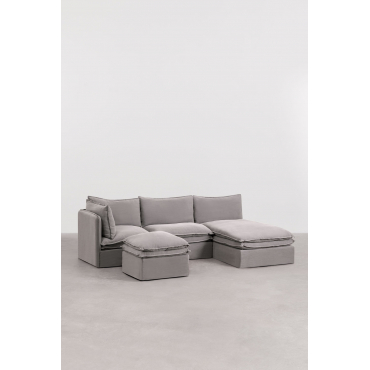 Grace 3-piece Modular Chaise Longue Sofa And Ottoman In Linen And Cotton Fabric Dark Grey - Sklum