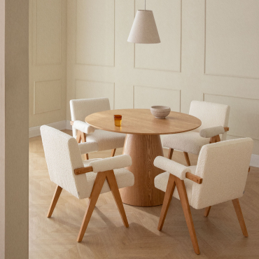 Round Table Set Ø120 Cm In Ash Veneer Aura And 4 Dining Chairs In Wood And Bouclé Fabric Lucca Ash Veneer - Sklum