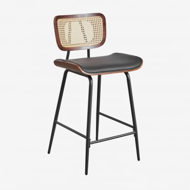 High Stool In Wood, Rattan And Raysa Leatherette Dark Brown Wood & ↑65 Cm & Leatherette Black - Sklum