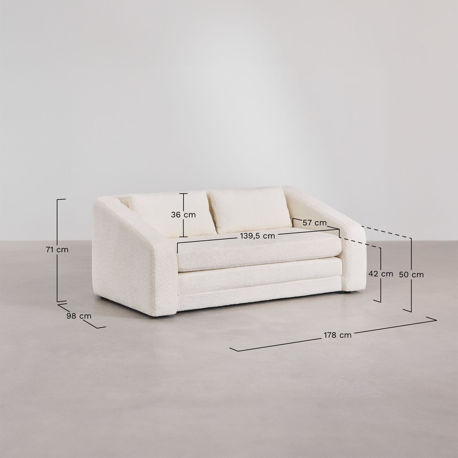 Dalila 2-seater sofa bed in bouclé fabric, medidas
