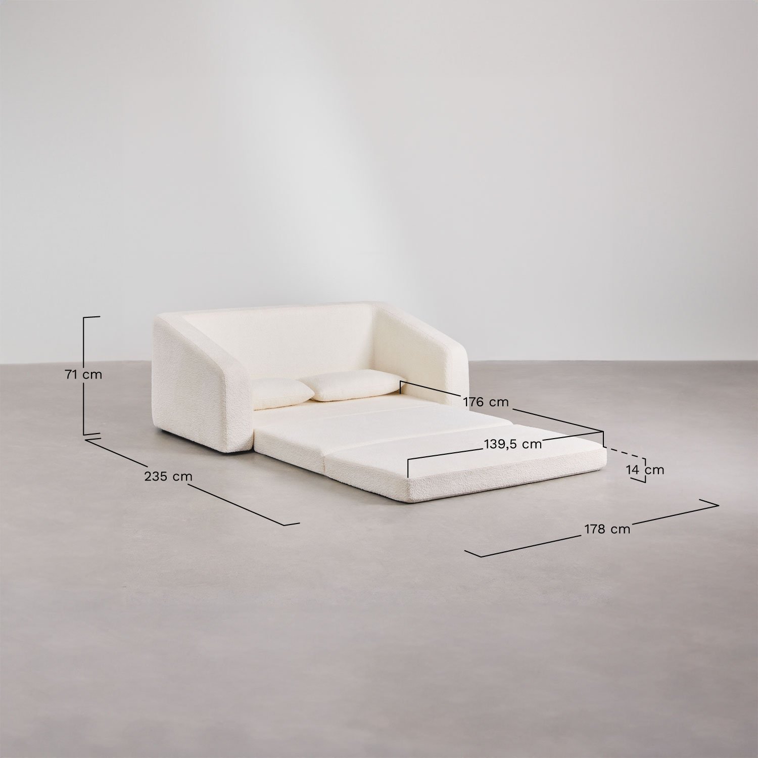 Dalila 2-seater sofa bed in bouclé fabric, medidas