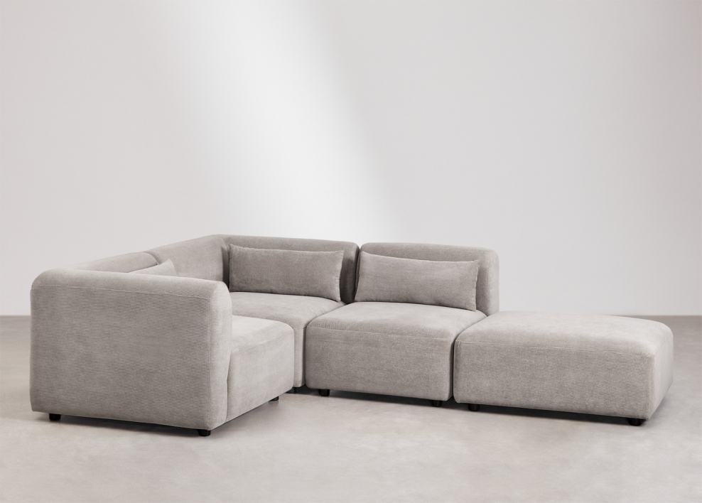 Fogler 3-piece modular corner sofa with pouf - Corduroy Light Grey Taupe