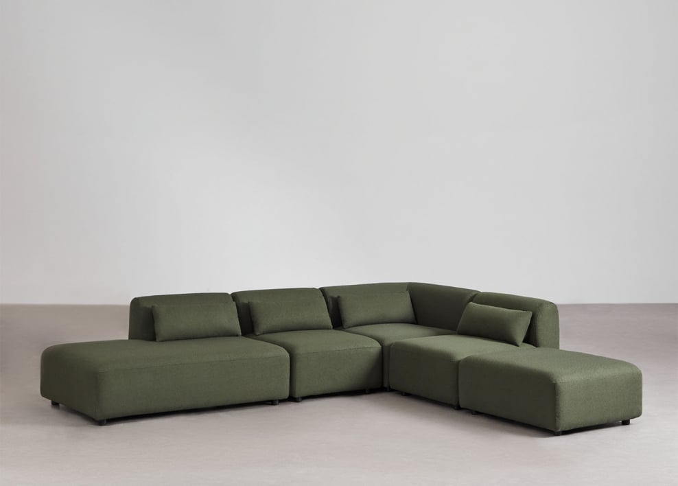 4-piece corner modular sofa with left chaise lounge and Fogler pouf - Chenille Green Sage