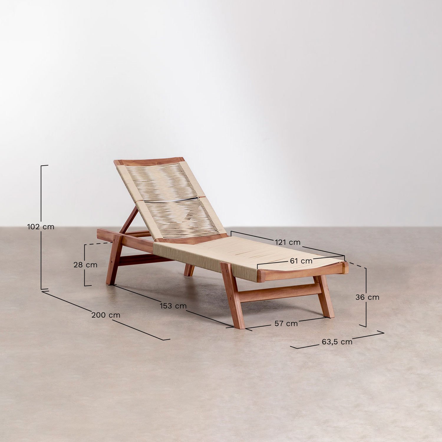 Tenay reclining lounger in acacia wood and braided rope, medidas