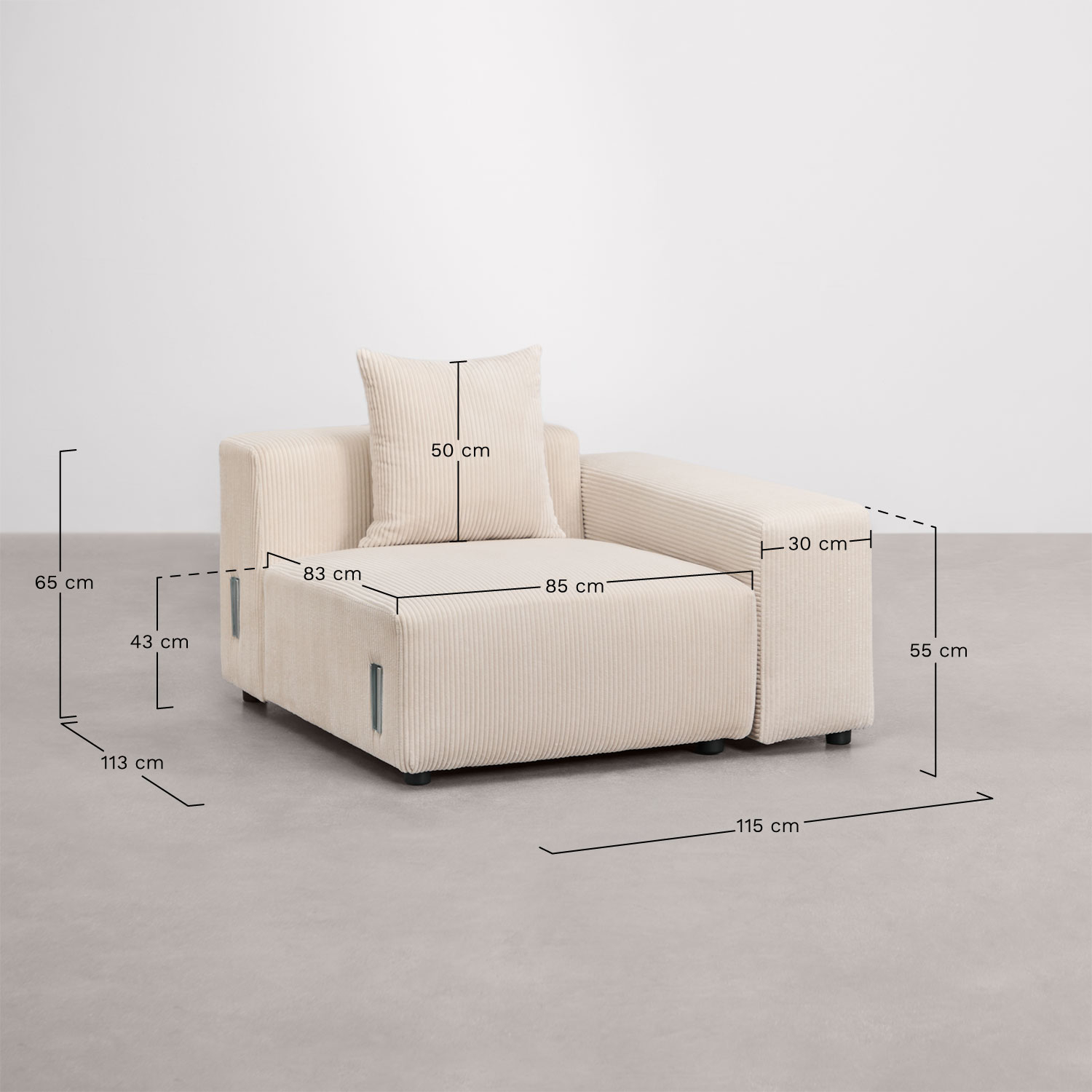 Right corner module 115x113 cm with low armrest and cushion for Bruna modular sofa, medidas