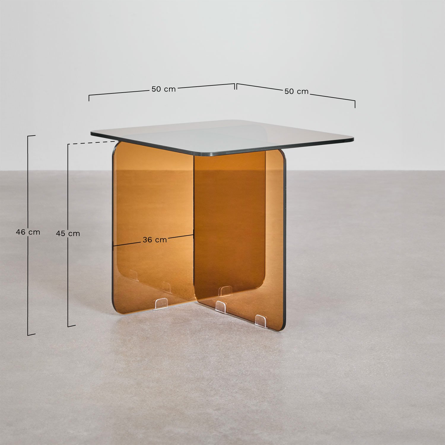 Eliana square side table 50x50 cm in tempered glass, medidas
