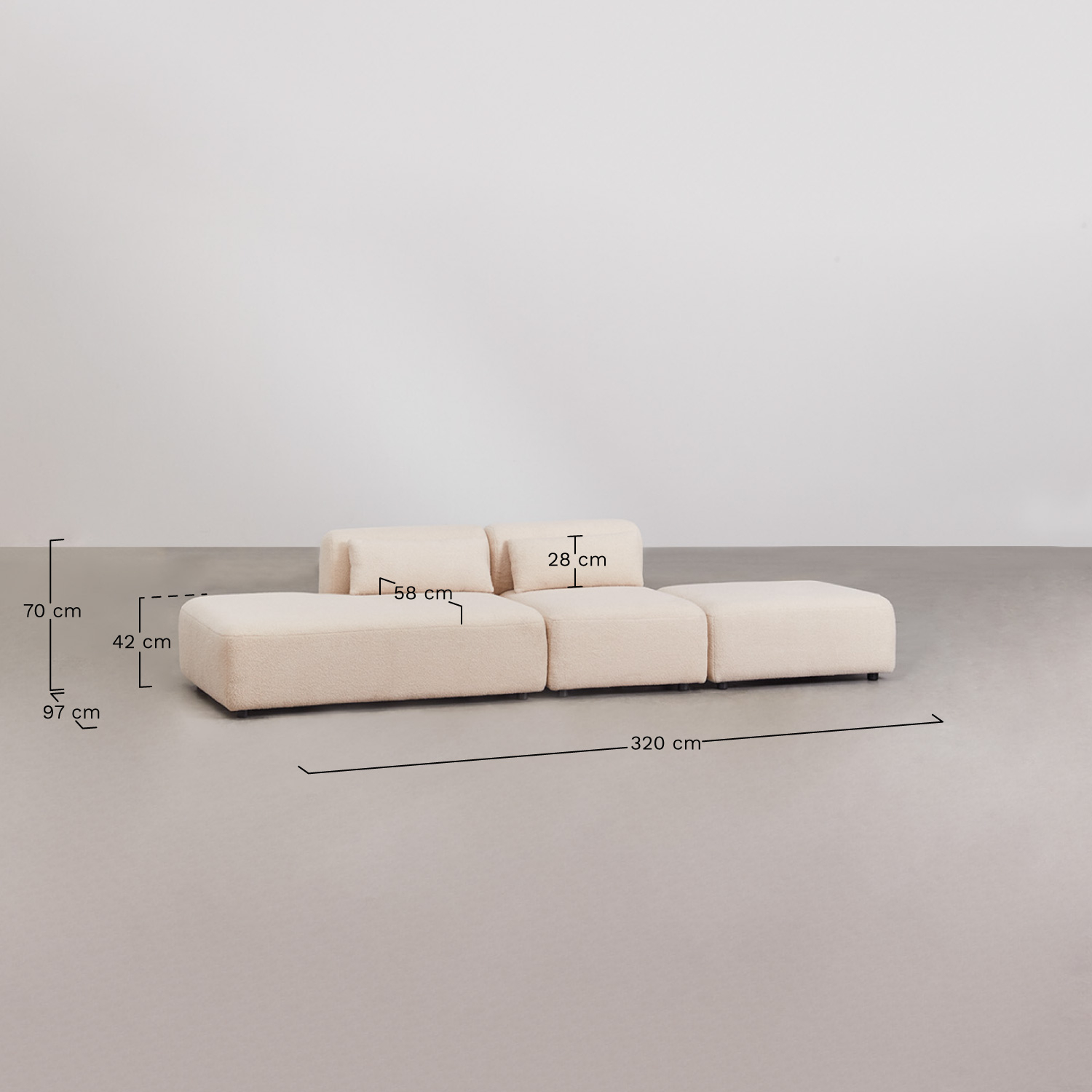 2-piece modular sofa with left-hand divan and Fogler pouf, medidas