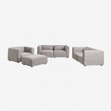 Living Room Set With 2 Modular Sofas, 2 Pieces, Armchair And Fogler Pouf Corduroy Light Grey Taupe - Sklum