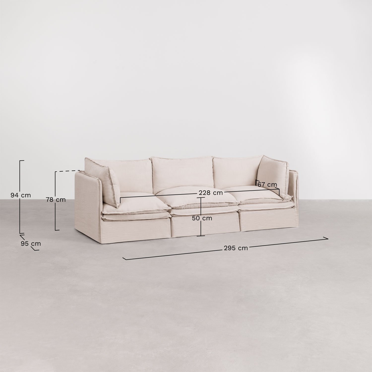 Grace 3-piece modular sofa and ottoman in linen and cotton, medidas