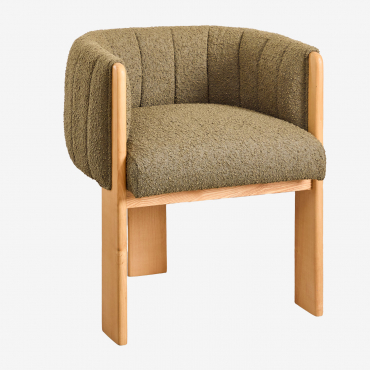 Armchair In Ash Wood And Bouclé Fabric Leo Army Green Bouclé - Sklum
