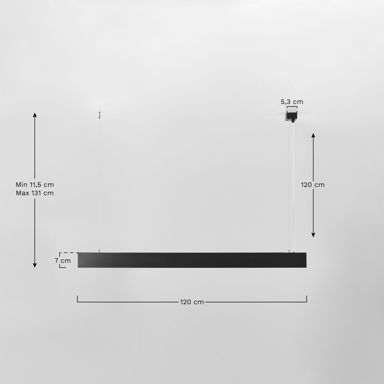 Eunoia linear LED pendant ceiling lamp in aluminum, medidas