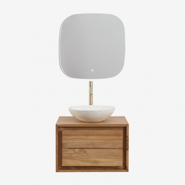 Jabari Teak Wood Bathroom Furniture Set Teak Wood & Round Cement White Ø40 Cm Zavion & Square Led And Anti-fogging 75x75 Cm Riben & - Sklum