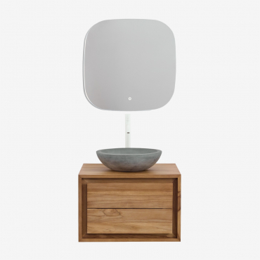 Jabari Teak Wood Bathroom Furniture Set Teak Wood & Round Grey Cement Ø40 Cm Tarsis & Square Led And Anti-fogging 75x75 Cm Tobie & White - Sklum
