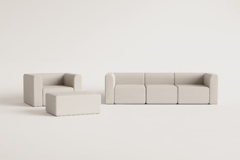 Living room set with 3-piece modular sofa, armchair and Fogler pouf