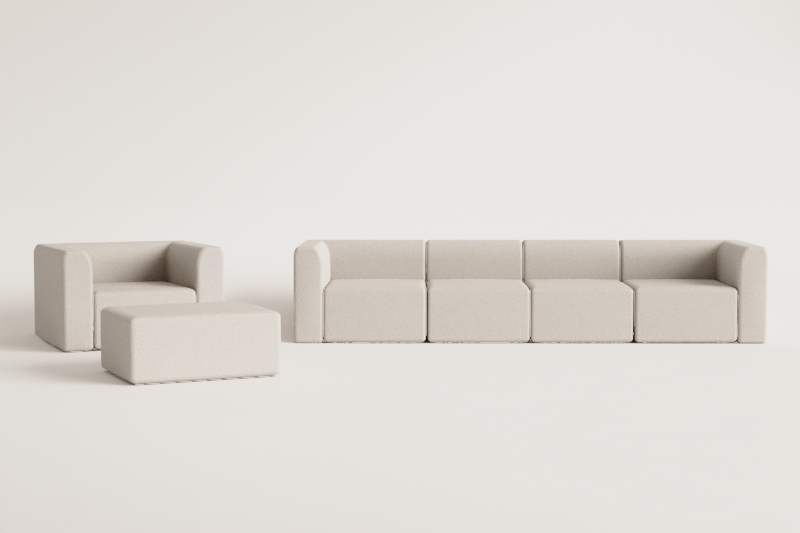 Living room set with 4-piece modular sofa, armchair and Fogler pouf