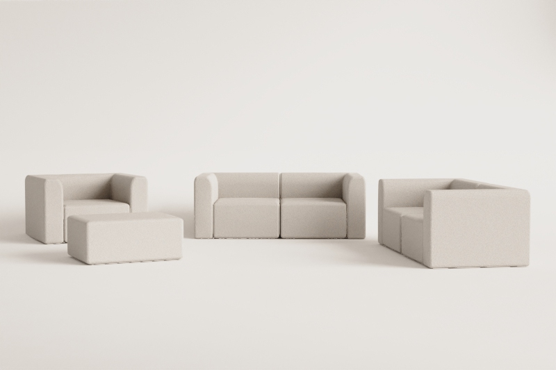 Living room set with 2 modular sofas, 2 pieces, armchair and Fogler pouf