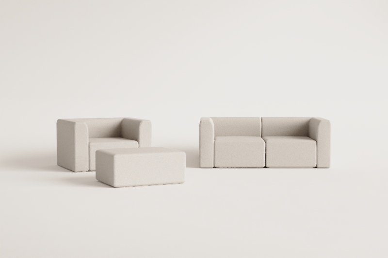 Living room set with 2-piece modular sofa, armchair and Fogler pouf