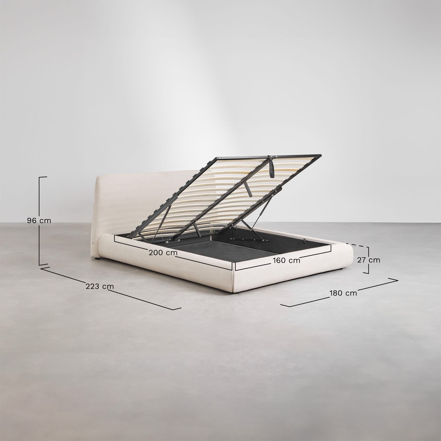 Upholstered bed with Norena lift-up storage base, medidas