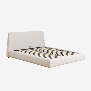 Bed With Folding Box Spring In Norena Fabric Fabric Cream Beige & 150 X 190 Cm - Sklum