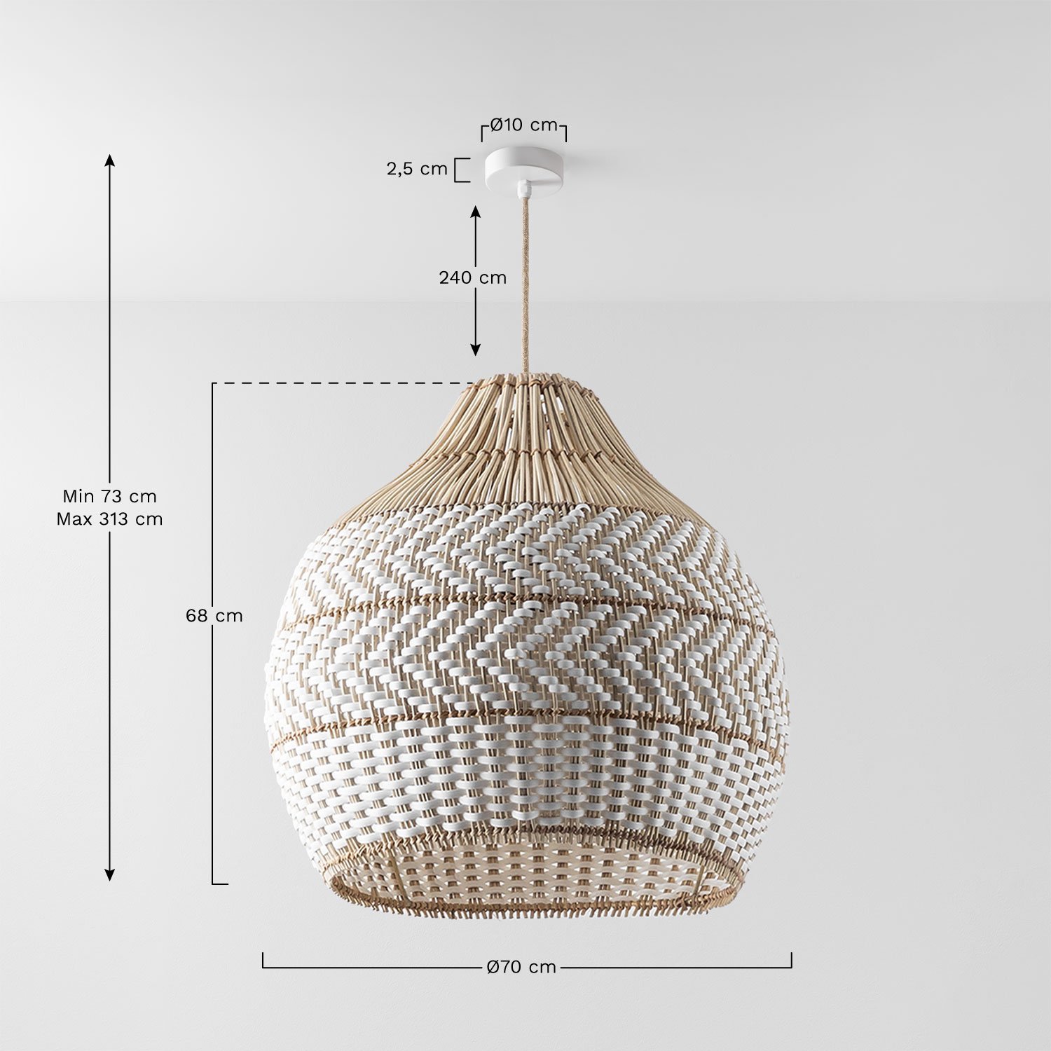 Woven rattan ceiling lamp Llaury, medidas