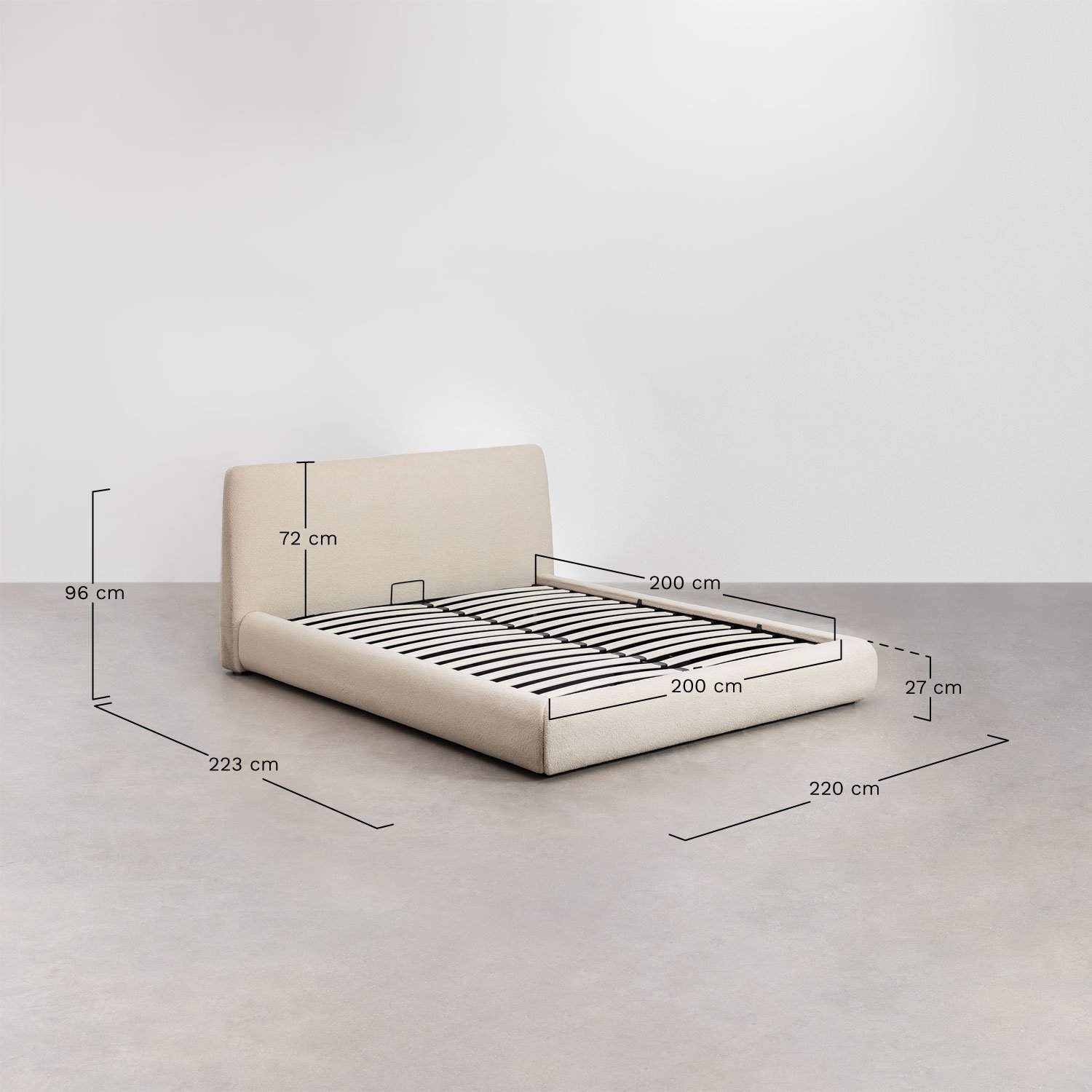 Bed with folding box spring in Norena sheepskin, medidas