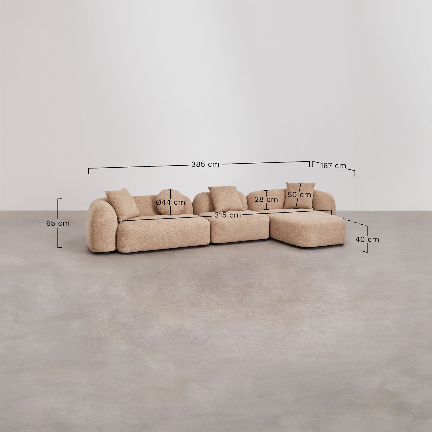 3-piece right chaise longue modular sofa in Coco chenille, medidas