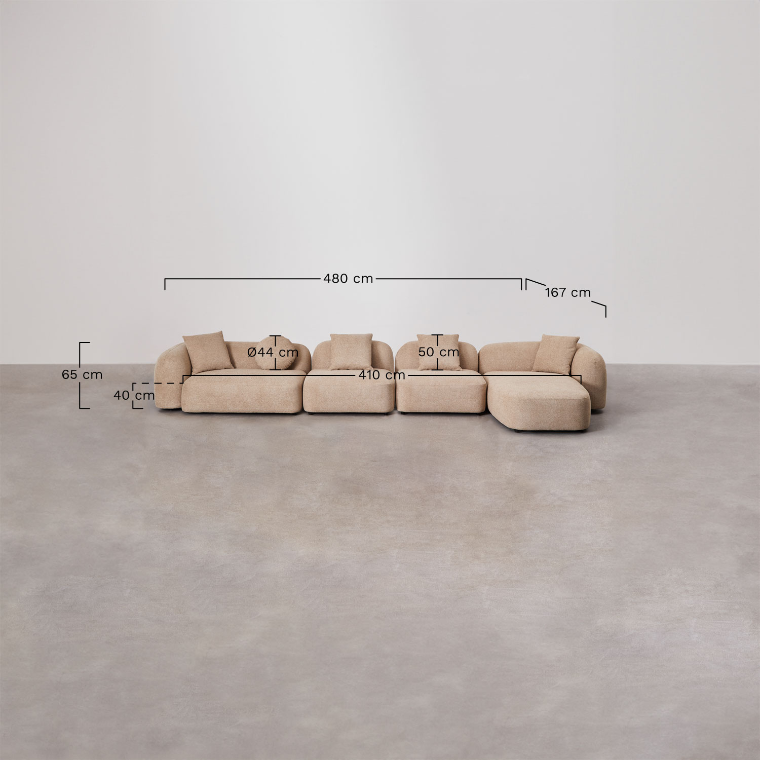 4-piece right chaise longue modular sofa in Coco chenille, medidas