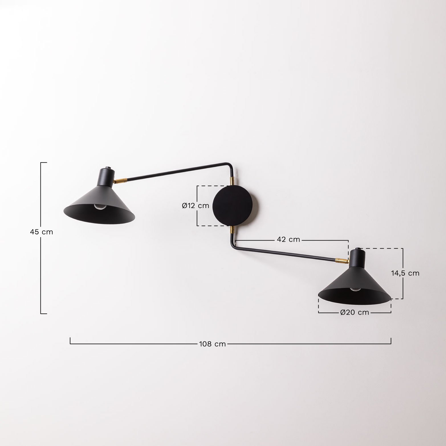 Directional wall lamp in iron with 2 light points Double Twin, medidas