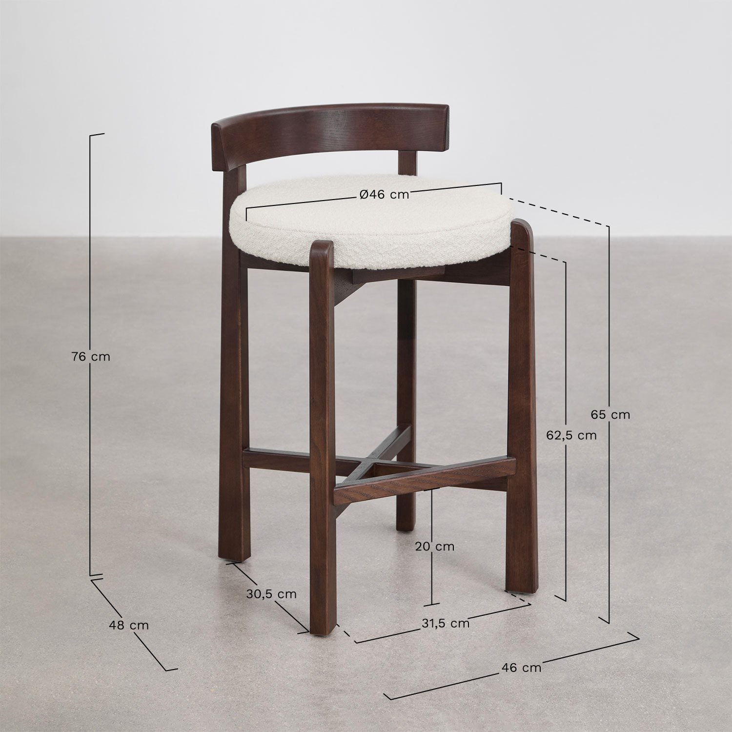 High stool in oak wood and Manila upholstery, medidas