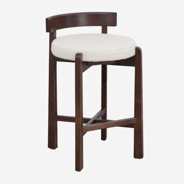 Pack Of 2 High Stools In Oak Wood And Manila Upholstery Dark Brown Wood & ↑65 Cm & White Bouclé - Sklum