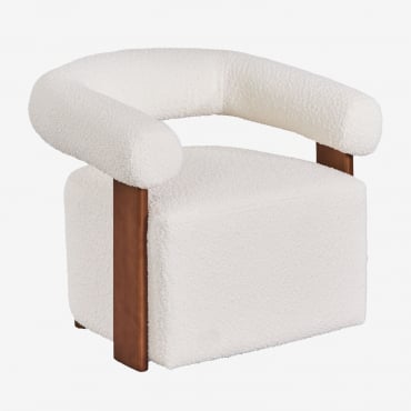Armchair In Bouclé Fabric And Rubber Wood Mauro White Bouclé - Sklum