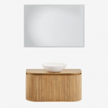 Analis Suspended Bathroom Furniture Set In Mango Wood Natural Wood & Round Cement White Ø40 Cm Zavion & Rectangular Led And Anti-fog 100x70 Cm - Sklum
