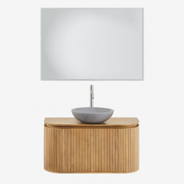 Mango Wood Bathroom Furniture Set Analis Natural Wood & Round Grey Cement Ø40 Cm Tarsis & Rectangular Led And Anti-fog 100x70 Cm Tamsin & - Sklum
