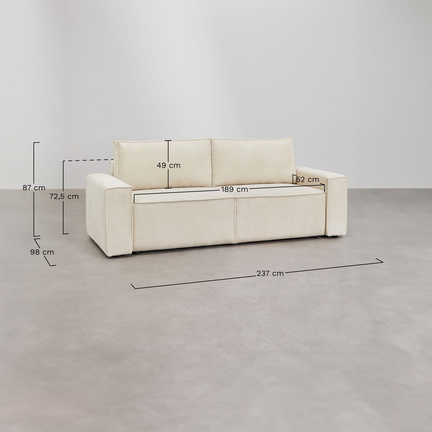 Tampere upholstered 3-seater sofa bed, medidas