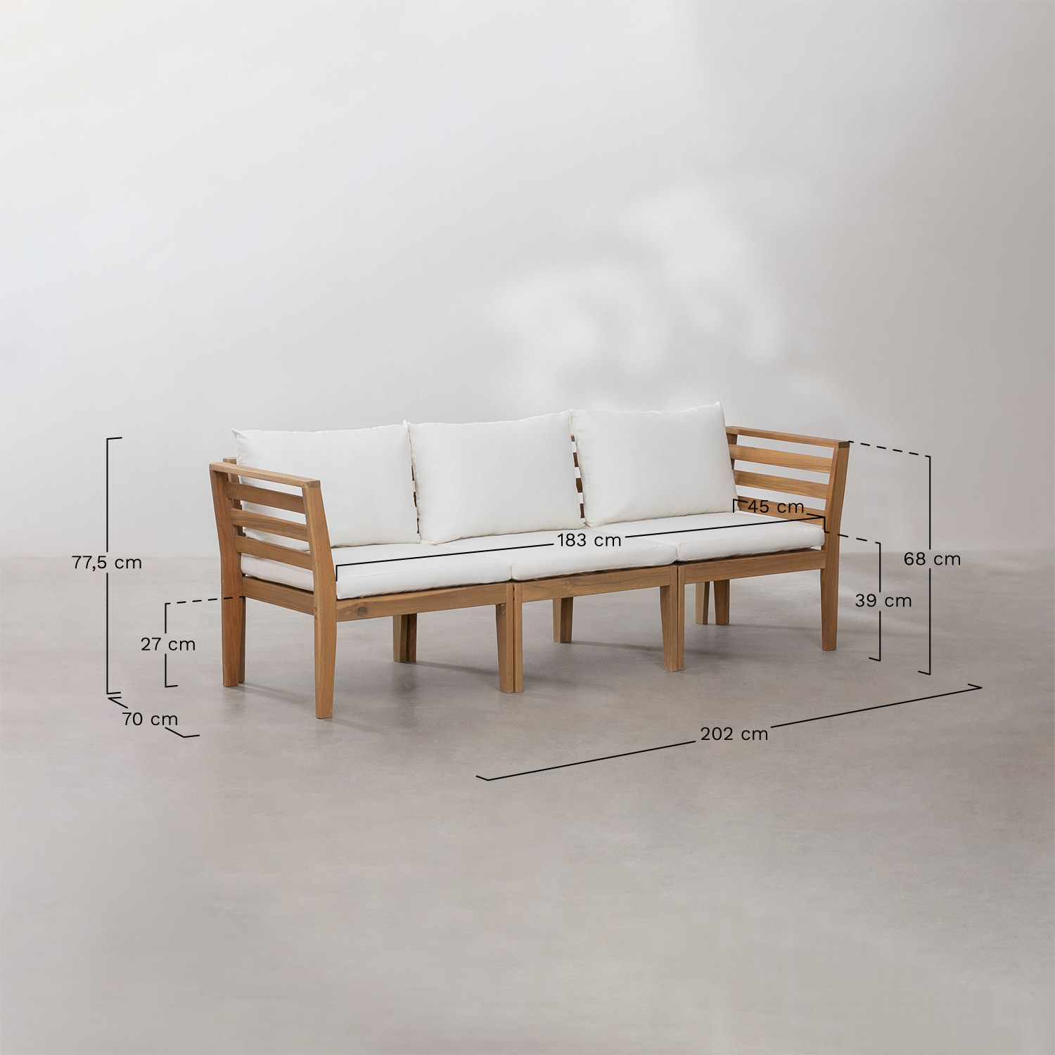 Filips 3-piece modular sofa set with armrests and coffee table in acacia wood, medidas