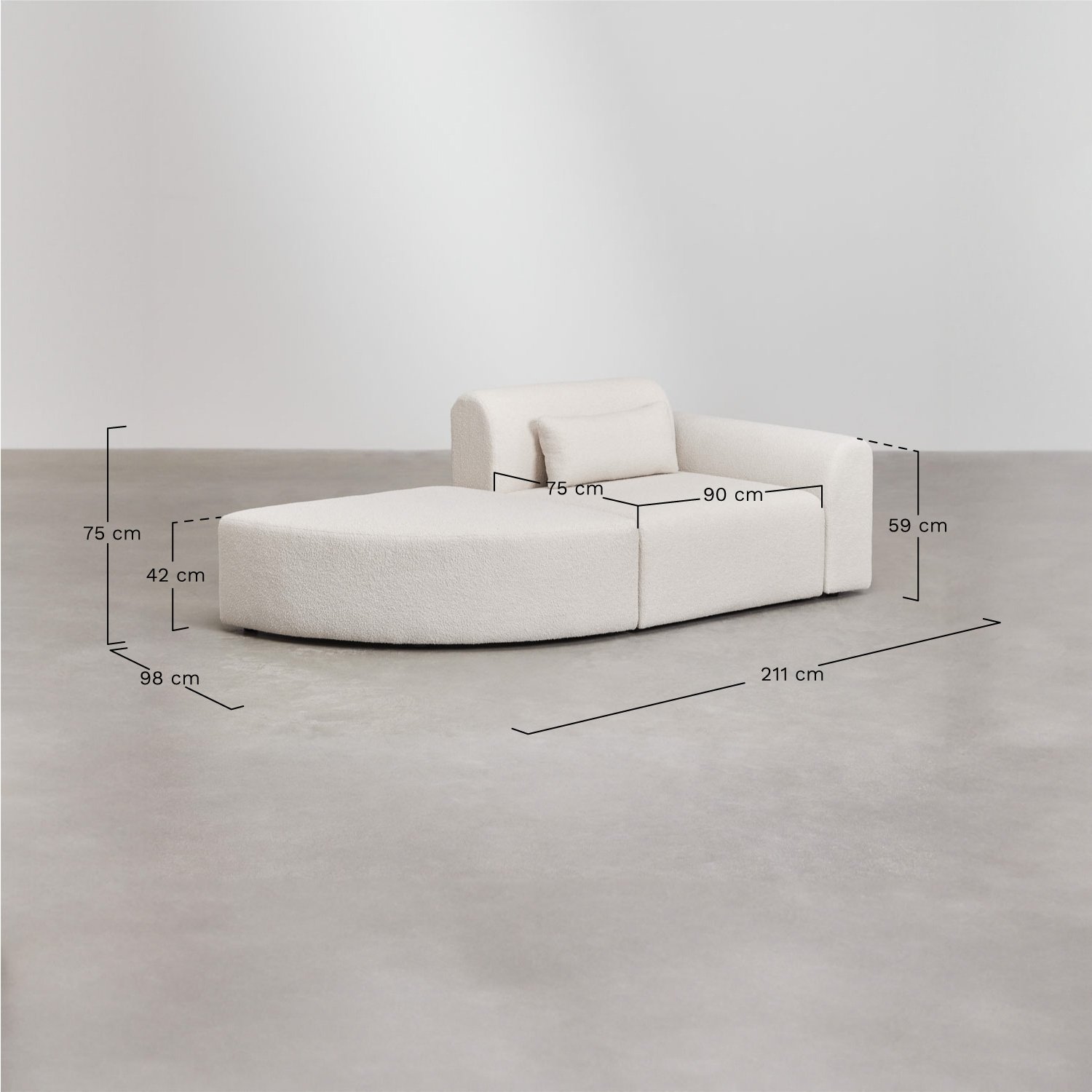 1-piece right corner modular sofa with triangular ottoman in Borjan boucle, medidas