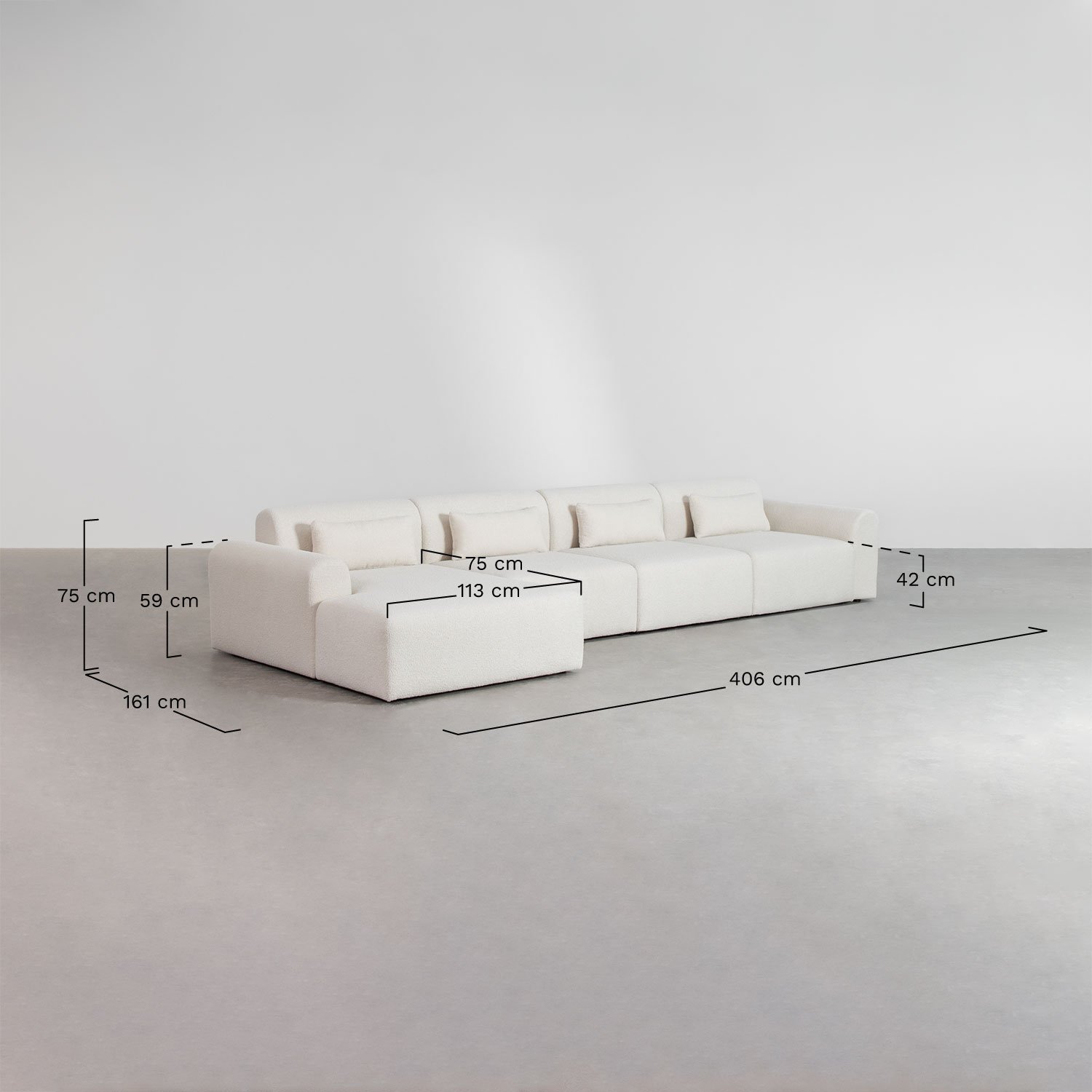 4-piece left chaise longue modular sofa in Borjan boucle fabric, medidas