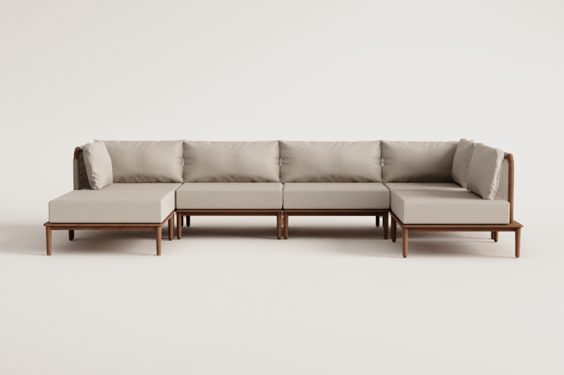 Modular Garden Corner Sofa with 5 Pieces and Puff in Acacia Wood Giulia 