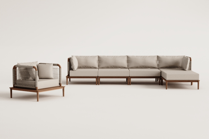 4-Piece modular garden sofa set with 2 corner chairs, pouf and armchair in Giulia acacia wood