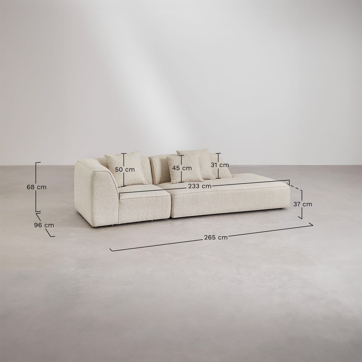 Cardea 2-Piece Modular Corner Sofa with Upholstered Right Chaise, medidas