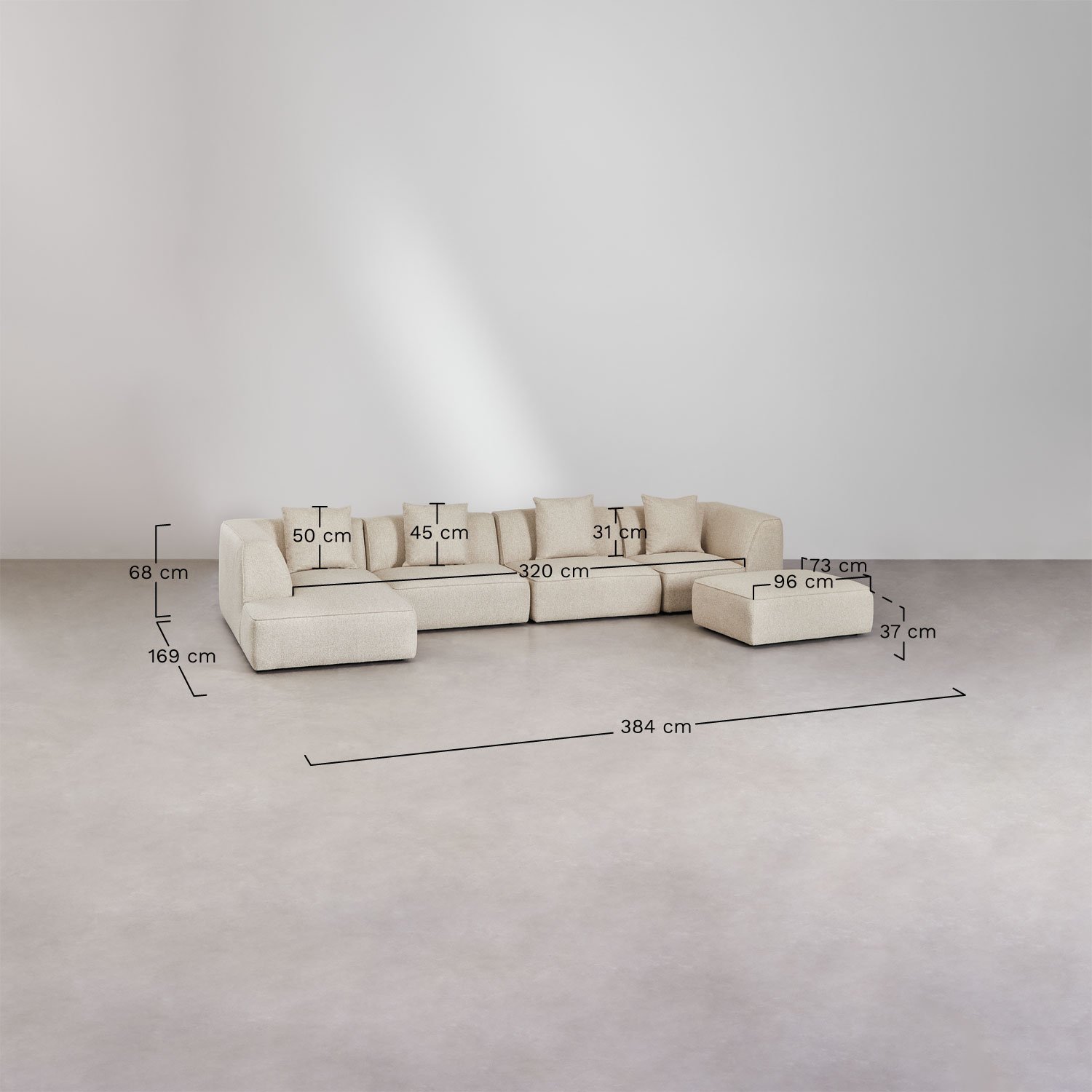 4-piece left-sided chaise longue modular sofa with Cardea upholstered pouf, medidas