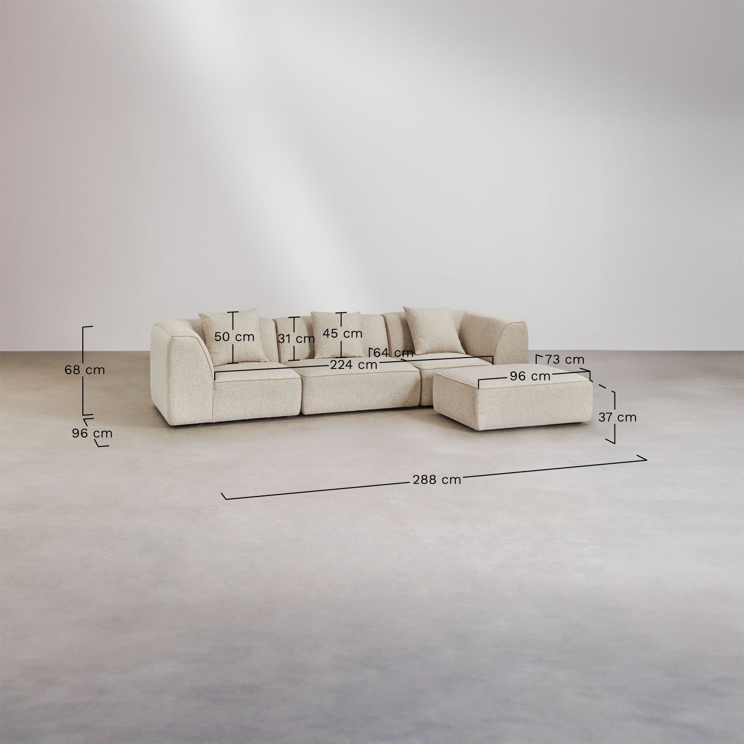 Cardea 3-piece modular sofa with upholstered pouf, medidas