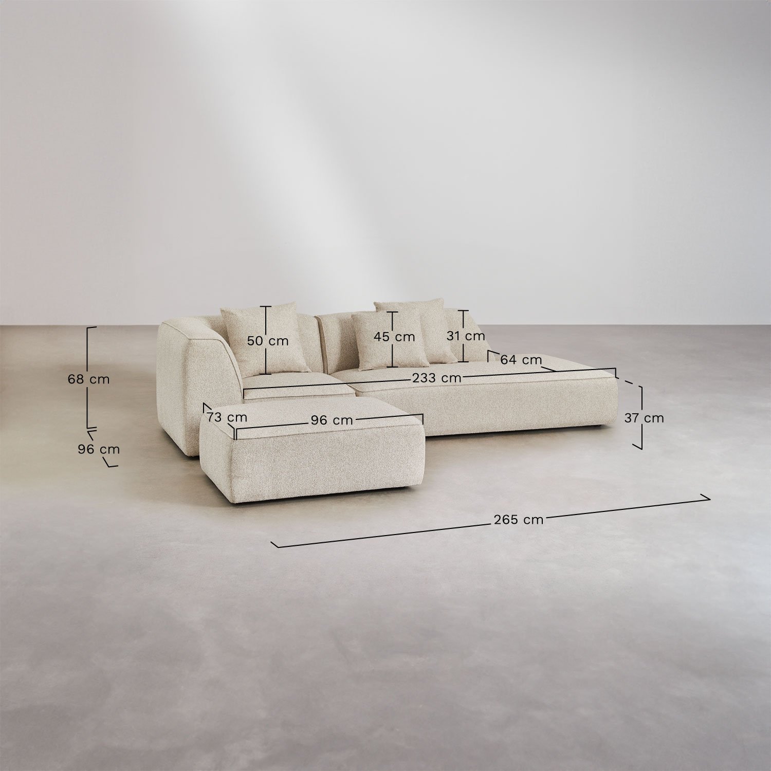 Cardea 2-piece modular corner sofa with right-hand chaise and upholstered pouf, medidas