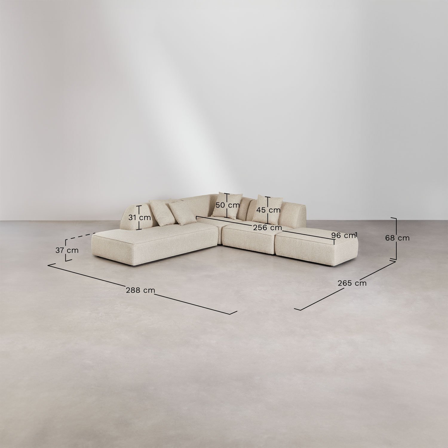 Cardea 3-Piece Modular Corner Sofa with Left Chaise and Upholstered Pouf, medidas