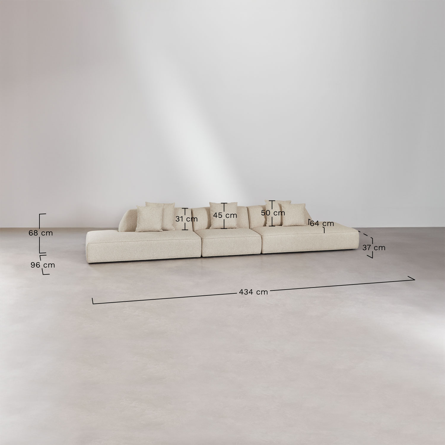 Cardea 3-piece modular sofa with double upholstered chaise longue, medidas