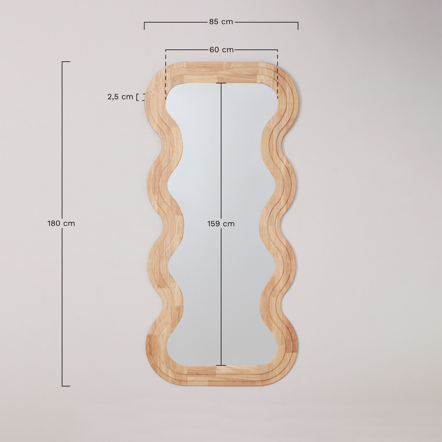 Oak wood wall mirror 85x180 cm Lierta, medidas