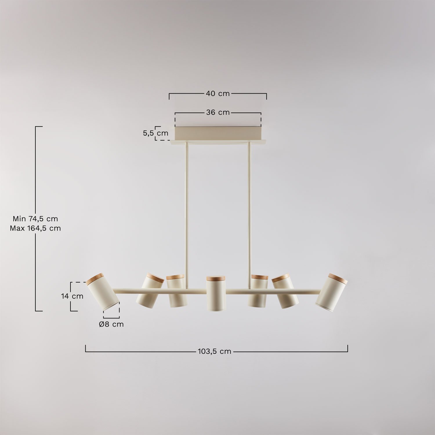 Directional ceiling lamp with 7 light points in Amaranto iron, medidas