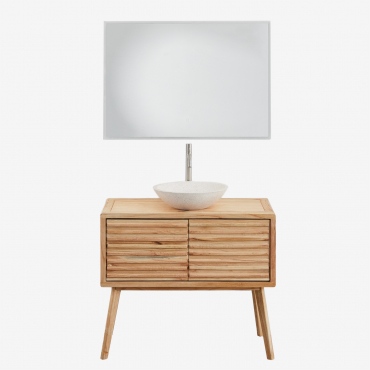 Deleyna Wooden Bathroom Furniture Set Natural Wood & Round Cement White Ø40 Cm Zavion & Rectangular Led And Anti-fog 100x70 Cm Tamsin & - Sklum