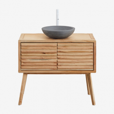 Deleyna 90x45 Cm Wooden Bathroom Furniture Set Natural Wood & Round Grey Cement Ø40 Cm Tarsis & Mirrorless & White ↑30 Cm With - Sklum