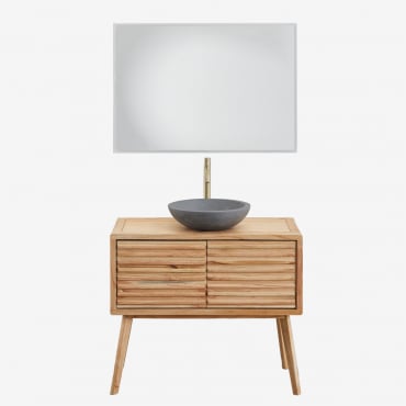 Deleyna Wooden Bathroom Furniture Set Natural Wood & Round Grey Cement Ø40 Cm Tarsis & Rectangular Led And Anti-fog 100x70 Cm Riben & - Sklum